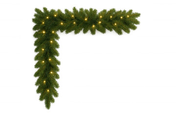 Christmas pine garland with glowing string lights framing corner, festive holiday decoration on transparent