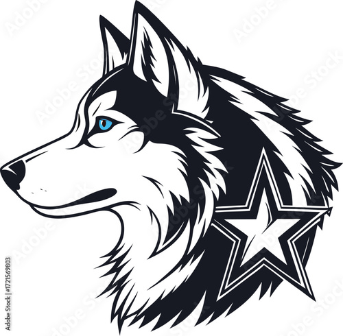 Black and white husky head with blue eyes and star emblem