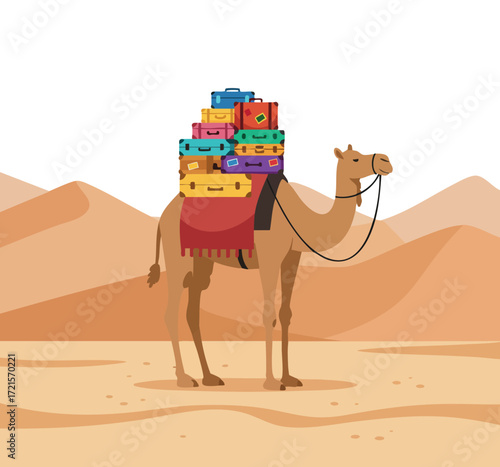 Camel carrying colorful suitcases in desert landscape with sand dunes and clear sky vector illustration