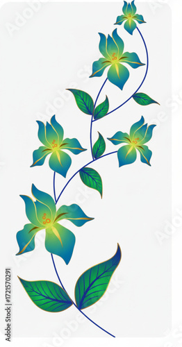 This vibrant design features graceful teal and gold blossoms with striking green leaves, connected by flowing blue vines. Its dynamic yet serene composition evokes natural beauty.