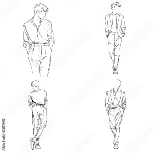 Minimal line art sketches of stylish men in casual and formal outfits. Elegant vector illustration perfect for fashion design, branding, magazines or creative projects