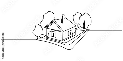 Continuous line drawing of Modern green eco modest house cityscape. Metropolis architecture panoramic landscape, Home architectural property isolated doodle minimal concept. Editable stroke
