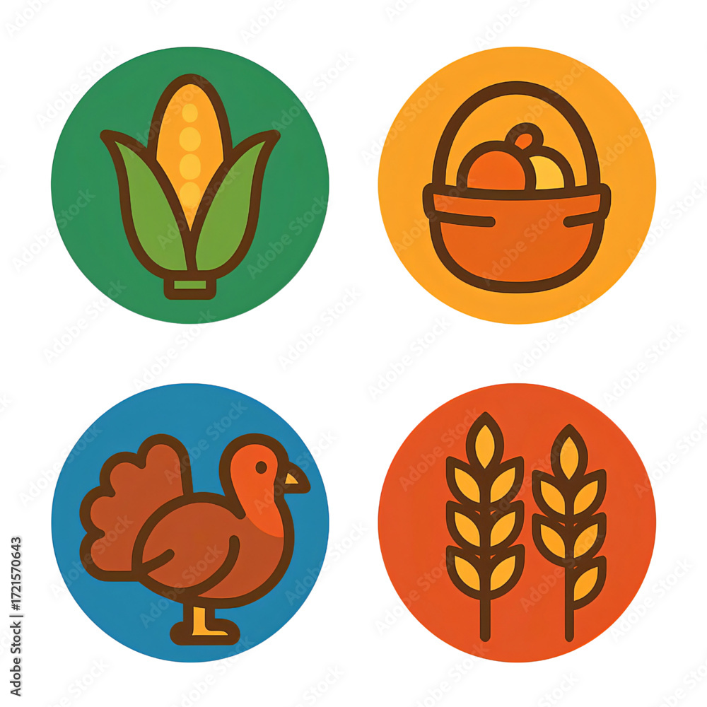 Fototapeta premium 感謝祭アイコンセット（円形デザイン）｜Thanksgiving Icons Set (Round Design)