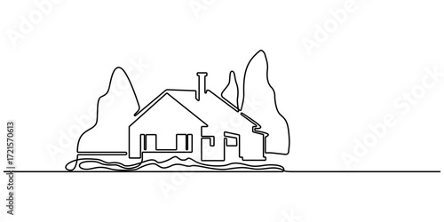 Continuous line drawing of Modern green eco modest house cityscape. Metropolis architecture panoramic landscape, Home architectural property isolated doodle minimal concept. Editable stroke