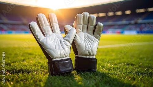 Soccer goalie gloves on a grassy field at sunset
