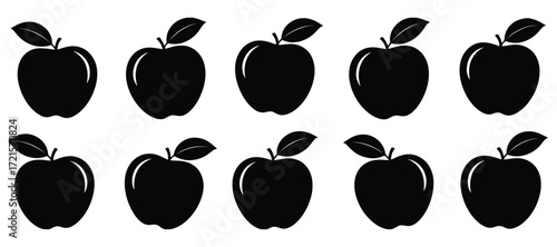 WebTen sleek apple silhouettes in a row provide a clean, modern design element for websites, logos, or educational materials, perfect for nutrition campaigns and branding, a simple icon set
