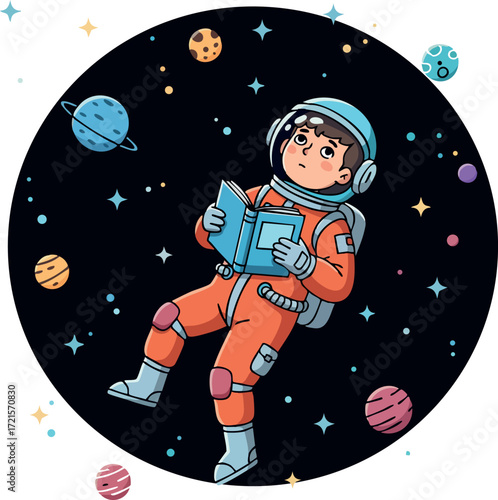 Astronaut reading book floating in space surrounded by planets and stars vector illustration