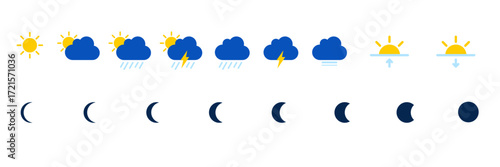 Vector art of weather and moon phase icons the weather icons include sun, partly sunny, rain, thunderstorm, and the moon phase icons show the lunar cycle