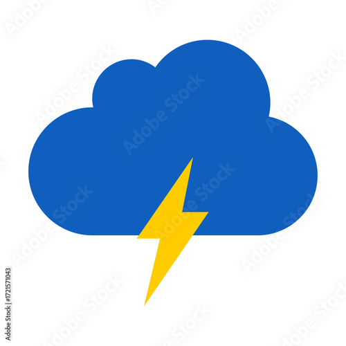 Vector art of a thunderstorm cloud the cloud is dark blue, and there is a yellow lightning bolt coming out of the bottom of the cloud in this weather icon