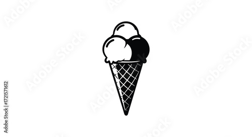 Simple black and white illustration of a two scoop ice cream cone