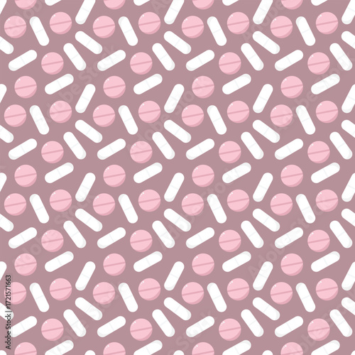 Seamless pattern with pink pills, great for a medical theme design. Pill capsules endless texture