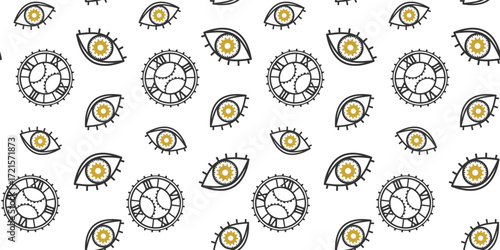 Eyes and dials with gears and cogwheels on a white background. Stylish endless texture with unusual ornament. Mechanism. Steampunk. Vector seamless pattern for wrapping paper, surface texture or print