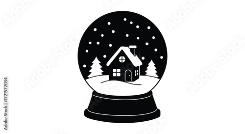 A charming winter scene inside a classic black and white snow globe