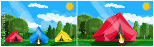 Many colorful tents in green forest camp with bonfire. Summer active holiday at nature campground with flat style.