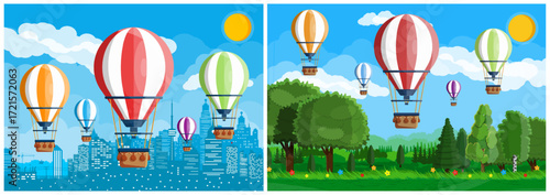 Hot air balloons flying over city skyline and green forest field. Adventure travel and exploration concept. Flat style stock vector set.