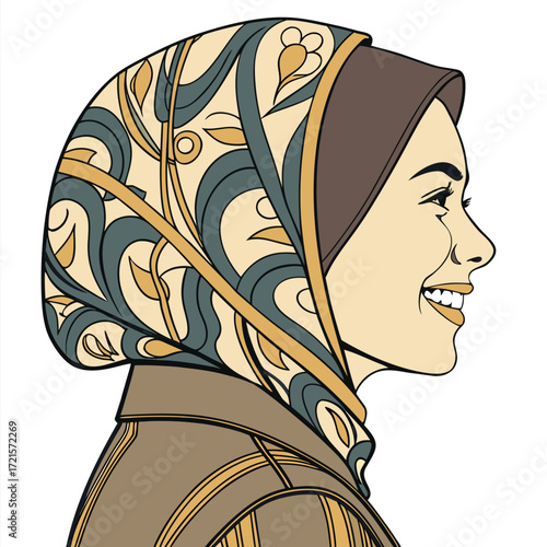  A stylized illustration of a woman wearing a printed hijab Adobe Illustrator Artwork