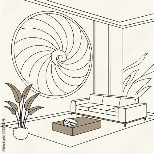 Linear sketch of an interior living room with a spiral motif wall decoration Vector art Adobe Illustrator Artwork