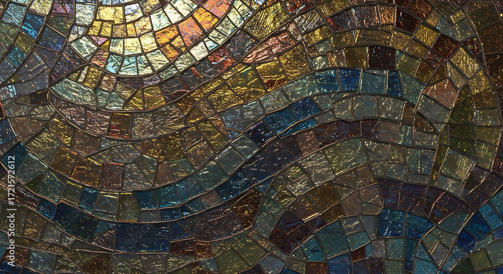 Fototapeta premium Textured Abstract Mosaic Design with Sparkling Iridescent Glass Shards Arranged in a Dynamic Wavy Pattern, Creating a Colorful and Reflective Artistic Background