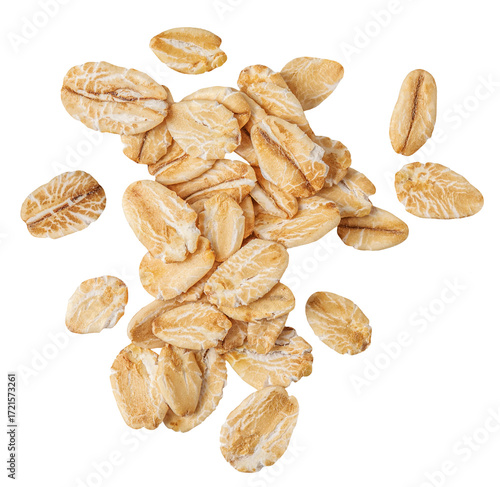 Oat flakes  isolated on white background. Levitating Rolled oat flakes Top view. Flat lay