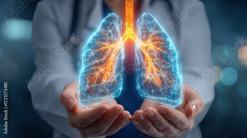 A doctor holds a glowing, digital representation of human lungs, symbolizing respiratory health and advanced medical technology