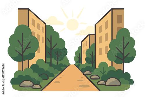 A path lined with trees and stones between buildings that opens up to a bright sky overhead