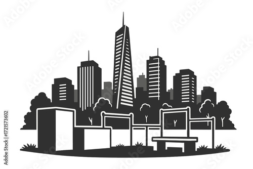 Illustration of a monochrome cityscape featuring parkour gear against a backdrop of contemporary skyscrapers