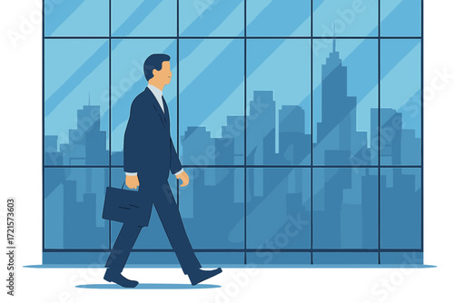 A man strolling beside a tall glass façade of a skyscraper reflecting a blue cityscape