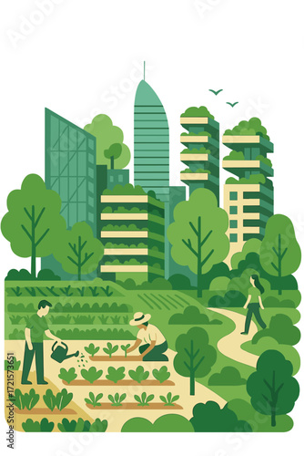 A sustainable urban model that integrates modern architecture and urban farming, seamlessly merging nature with city life