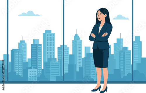 An Asian woman stands beside expansive panoramic windows, gazing over the cityscape, embodying a modern urban lifestyle, city views, and professional ambition