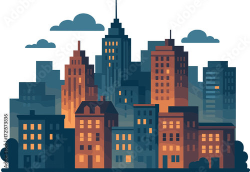 Twilight cityscape with stylized buildings and warm lights