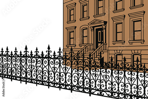 An ornate black iron fence lines the classic brownstone architecture street