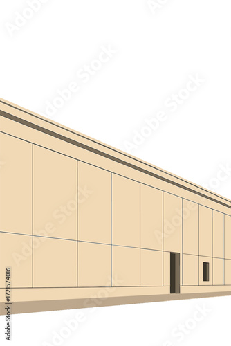 A long, expansive building features a vast wall with perfectly symmetrical lines and a minimalist design set against a clear blue sky