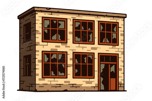 An aged structure featuring corroded metal frames and shattered windows, emblematic of decay, time, and urban contrast