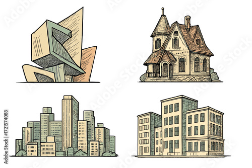 Four hand‑drawn architectural sketches depicting modern abstract architecture, a fantastical old house, and generic urban city structures and buildings