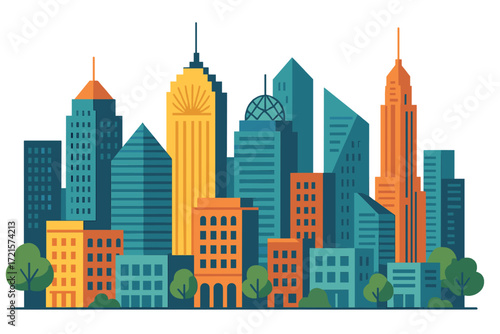 Contemporary city skyline showcasing varied architecture and lively urban vitality