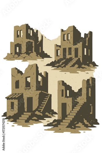 Ruined houses, staircases, and steps set against textured backdrops capture the urbanism aesthetic