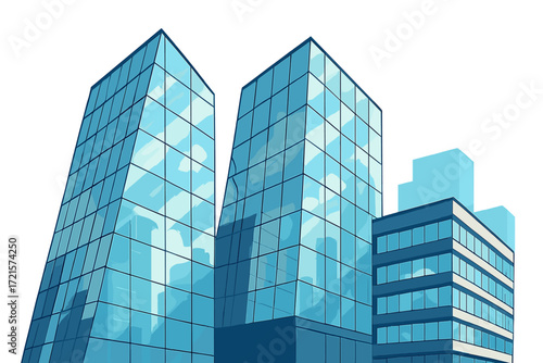 Contemporary buildings featuring glass exteriors that mirror the sky and surrounding structures in an urban setting during daylight