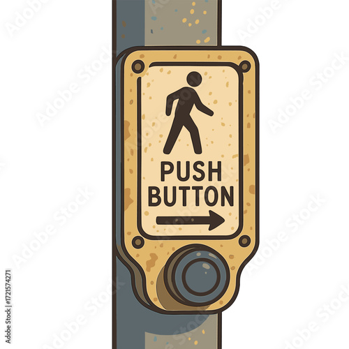 A weathered crosswalk button on a metal pole bathed in gentle urban daylight