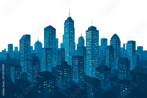 From above, a contemporary city skyline glows with skyscrapers at blue hour, illustrating the concept of urban development