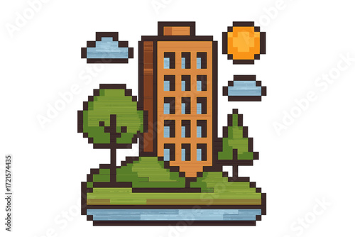 Vector design of a pixelated city building amid a natural landscape