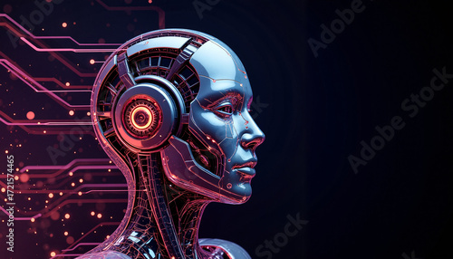 Futuristic humanoid robot head with circuits and glowing details, copy space     
