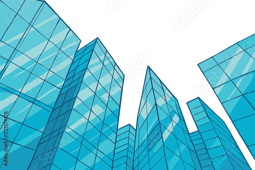 Futuristic glass architecture viewed from an abstract angle reflects the sky, expressing modern innovation