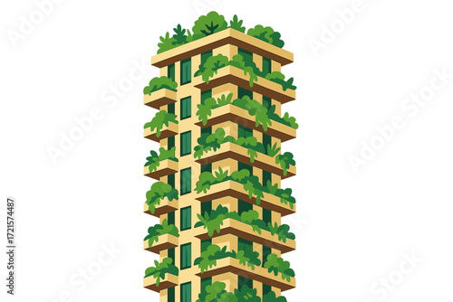 : An urban high-rise adorned with lively greenery on its balconies, championing sustainable design and eco-friendly living