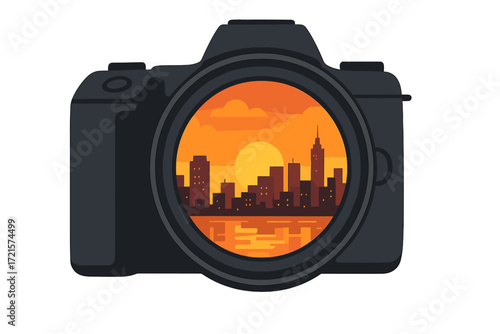 A mesmerizing cityscape captured as an urban sunset reflects in a camera lens