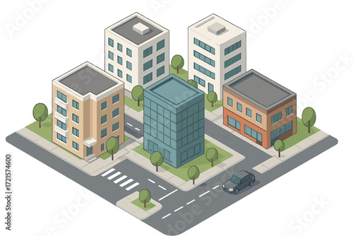 A city neighborhood depicted in isometric view, featuring contemporary buildings and a streetscape