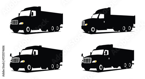 Four black silhouettes of heavy duty dump trucks on a white background