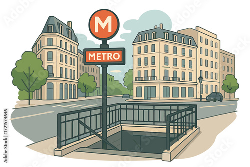 A metro entrance that offers an unobstructed view of the street and nearby buildings