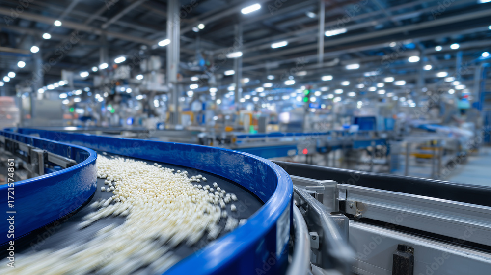Fototapeta premium Industrial setting with polymer pellets moving along automated conveyor, robotic machinery operating in background