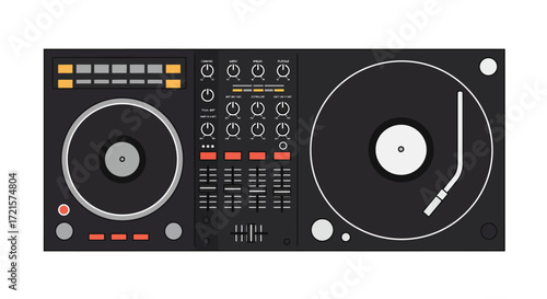 Flat Vector Illustration – DJ Mixer and Turntable Top View, Minimal Geometric Design, Bold Outlines, White Background, Icon Style