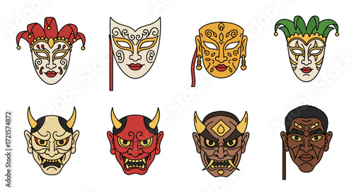 Flat Vector Illustration – Cultural Party Masks: Venetian, Sri Lankan, Japanese, African, Bold Outlines, White Background, Icon Style
